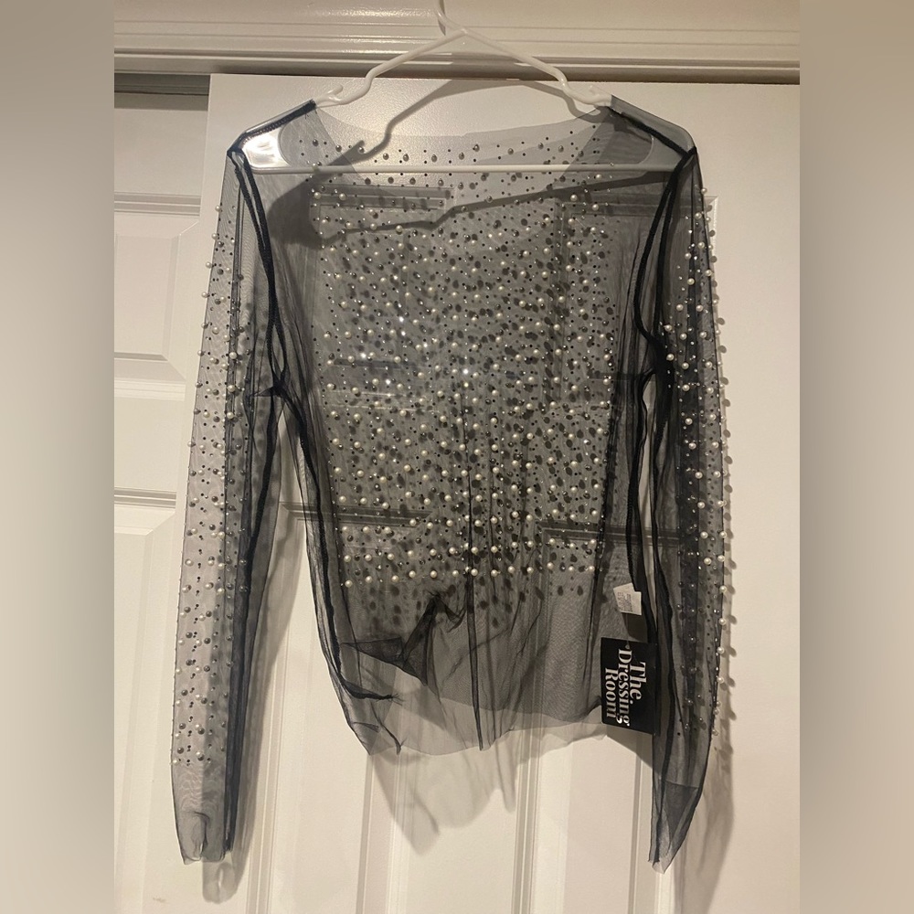 NWT Pearl Studded long sleeve sheer top